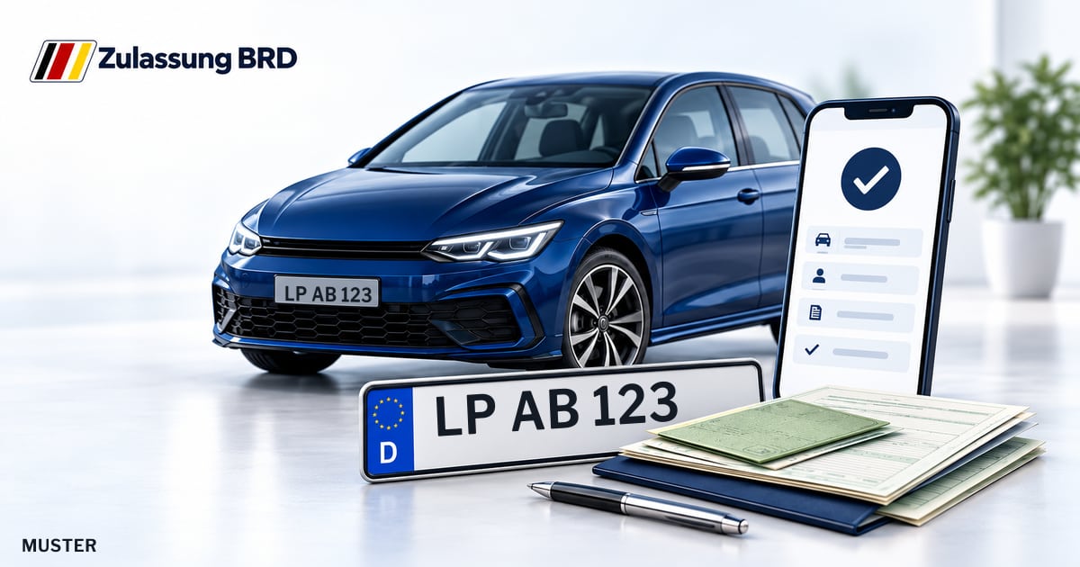 Online Fahrzeugzulassung in Geseke: Musterkennzeichen LP AB 123, Auto und Fahrzeugpapiere und Smartphone. Illustration mit Logo von Zulassung BRD.